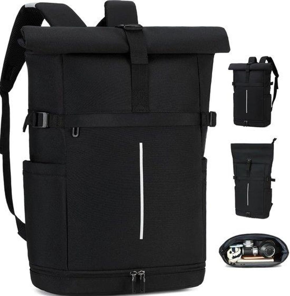 Wasserabweisender Schwarz Rolltop Rucksack 15,6 Zoll Laptopfach