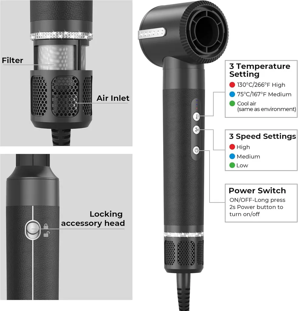 Brosse à air chaud multifonction avec diffuseur et 6 embouts de coiffage noirs