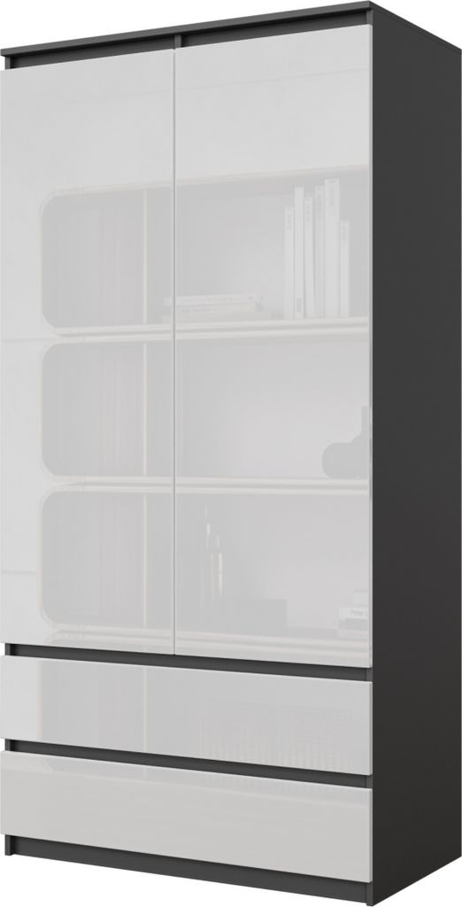 JOELLE - Kleiderschrank mit 2 Türen und 2 Schubladen - Anthrazit / Weißglanz H180cm B90cm T50cm