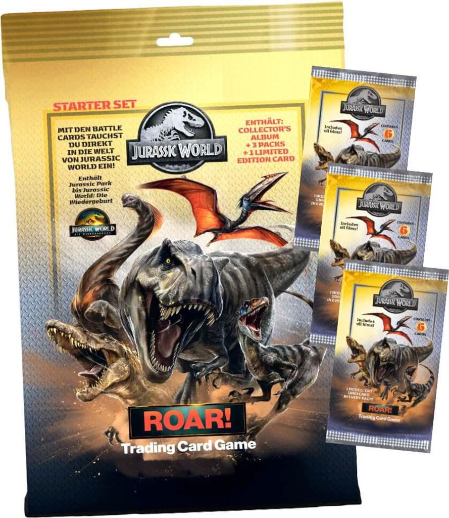 Jurassic World Karten - ROAR! Trading Cards Sammelkarten - 1 Starter + 3 Booster