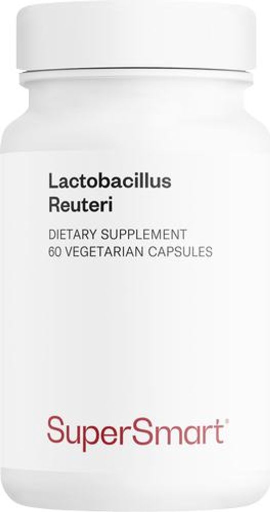 A white bottle of Lactobacillus Reuteri dietary supplement with text and a logo.