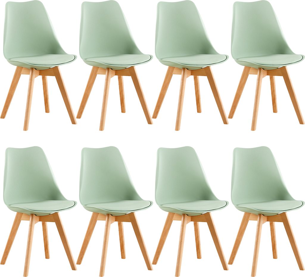 A set of eight light green dining chairs with wooden legs arranged in two rows.