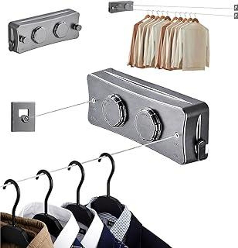 Ausziehbare Wäscheleine 2 x 5.1M Edelstahlseil, Wandmontierte Einziehbare Leine für Balkon, Waschküche, Hotel, Badezimmer, Schlafzimmer (2)