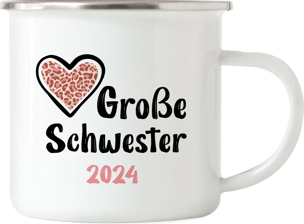 Große Schwester 2024 Emaille Tasse Sisters Love Geborgenheit Liebe Familie Zusammenhalt Freude Spaß Sis Love