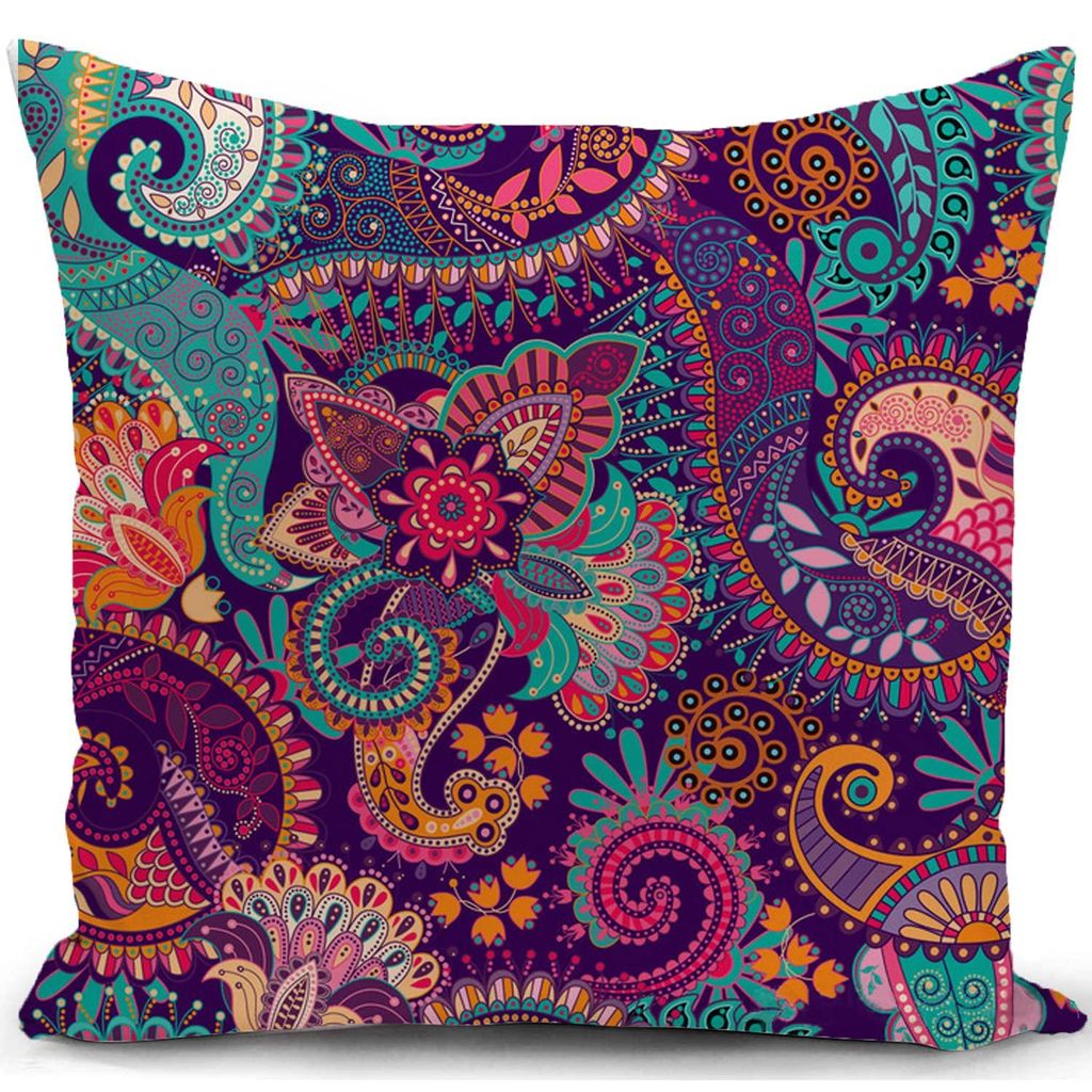 Dekorativer Kissenbezug im Boho-Stil, lila, mit Pfauenfedern, 40 x 40 cm
