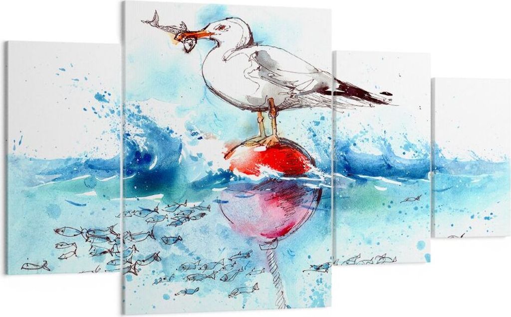 Bild auf Leinwand - Leinwandbild - Wasser Fische Möwe hungrig - 160x90cm - Wand Bild - Wanddeko - Leinwanddruck - Bilder - Kunstdruck - Wanddekora...