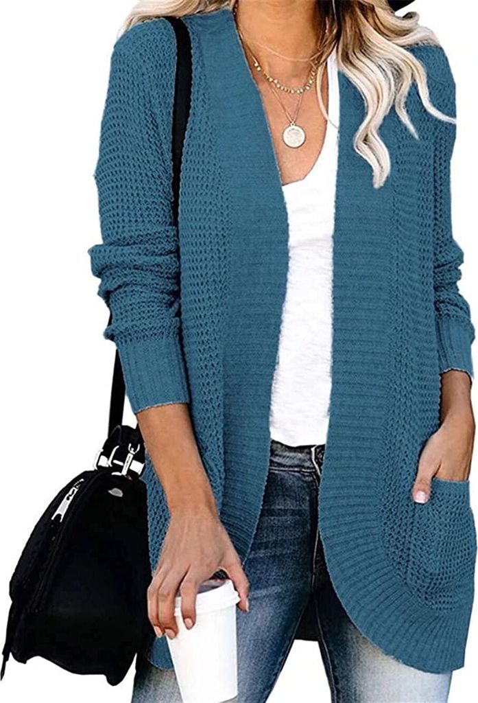 ASKSA Damen lässig Langarm Strickpullover lässigStrickjacke Casual Weicher, Seeblau XL