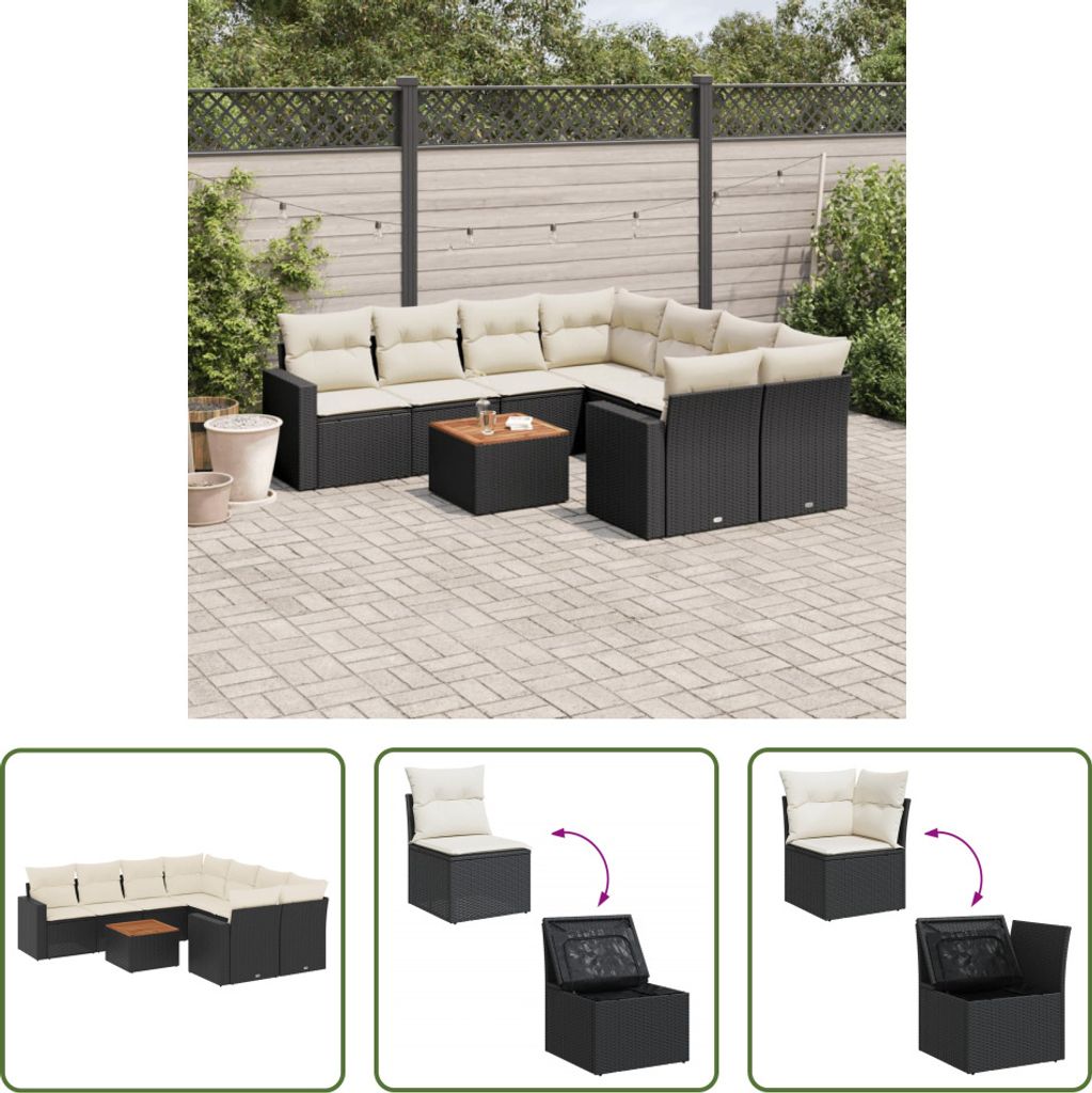 The Living Store 9-tlg. Garten-Sofagarnitur mit Kissen Schwarz Poly Rattan