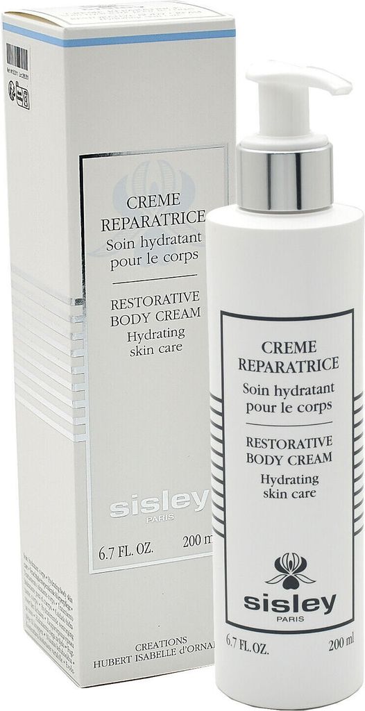 A white bottle of Sisley Restorative Body Cream with its packaging.