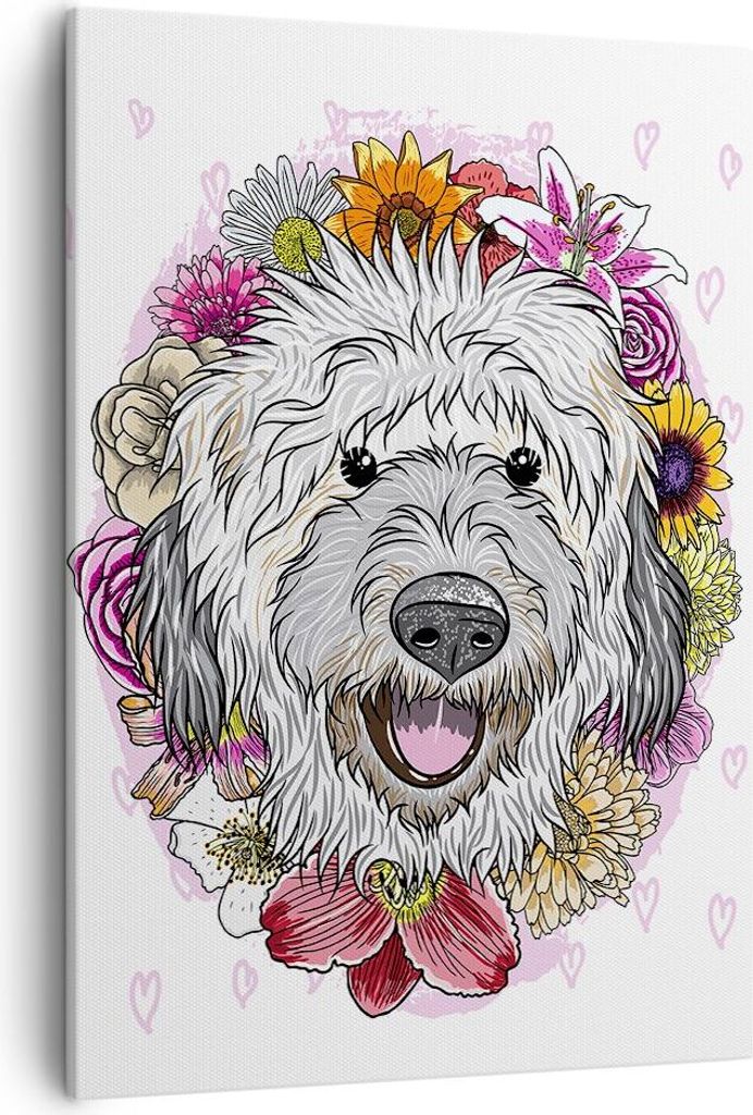 Bild auf Leinwand - Leinwandbild - Einteilig - Hund Blumen Kinder exotische - 50x70cm - Wand Bild - Wanddeko - Wandbilder - Leinwanddruck - Wanddek...