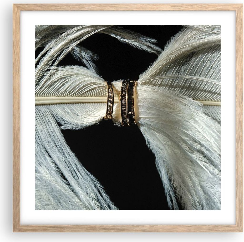 Gerahmtes Poster - Rahmen in heller Eiche - Feder Romantik Ehe - 50x50 cm - Wand Bild - Wanddeko - Wandbilder - Kunstposter - Wandposter - Bilderra...