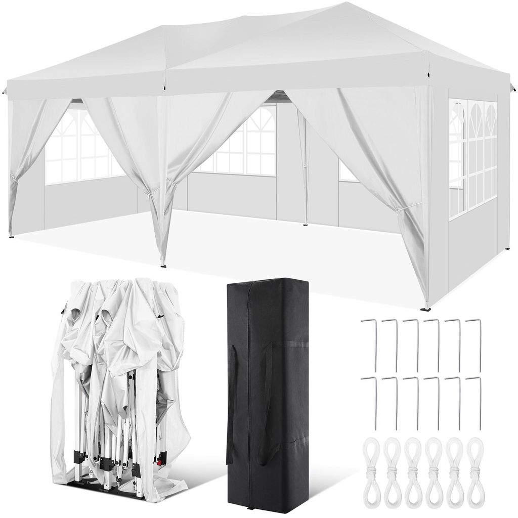 Faltpavillon 3X6m Wasserdicht Stabil Pavillon, Partyzelt Faltbar mit 6 Seitenteilen,Upgrade-Hochdach und Tragetasche, Gartenpavillon, UV 50+, Weiß