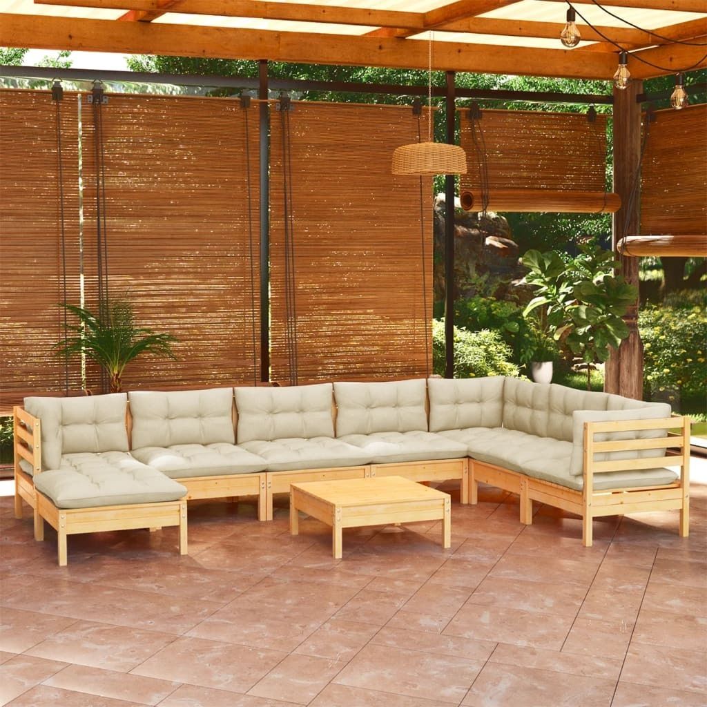 The Living Store 9-tlg. Garten-Lounge-Set mit Creme Kissen Massivholz Kiefer