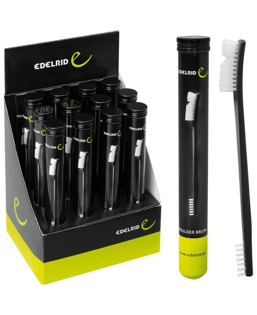 Produktfoto der Boulderbürste "Boulder Brush" von Edelrid; präsentiert in einem Verkaufsdisplay mit mehreren Bürsten.