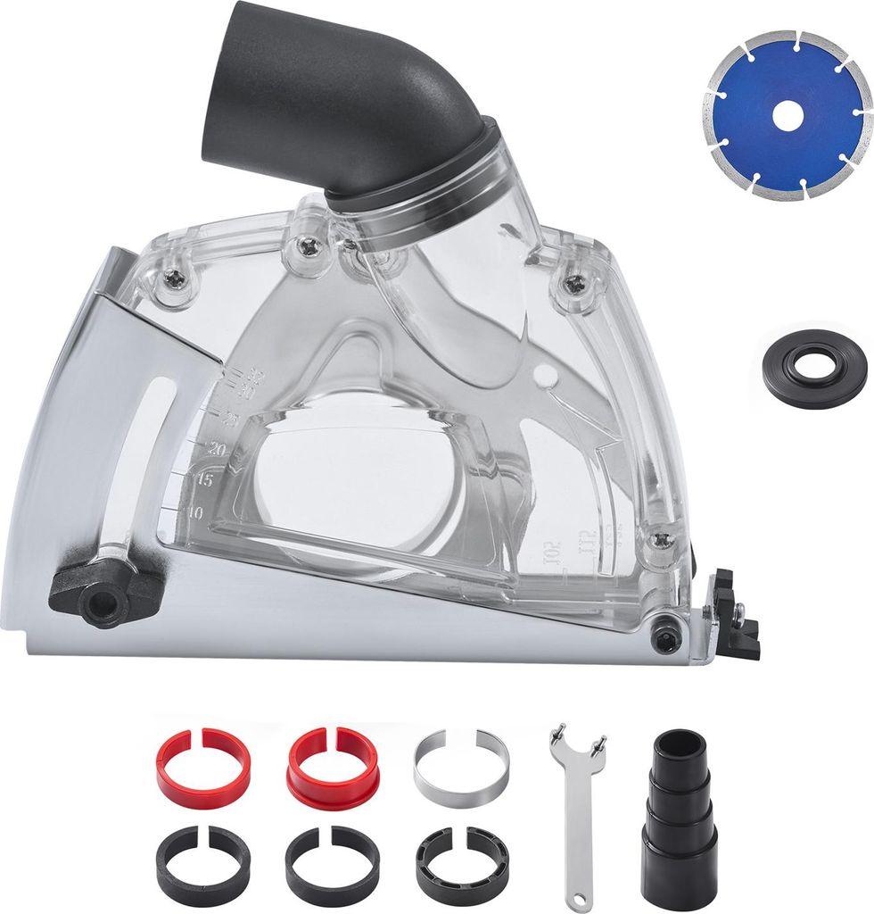 A collection of tools and accessories for a grinder, including a dust shroud, a diamond cutting disc, and various adapters.
