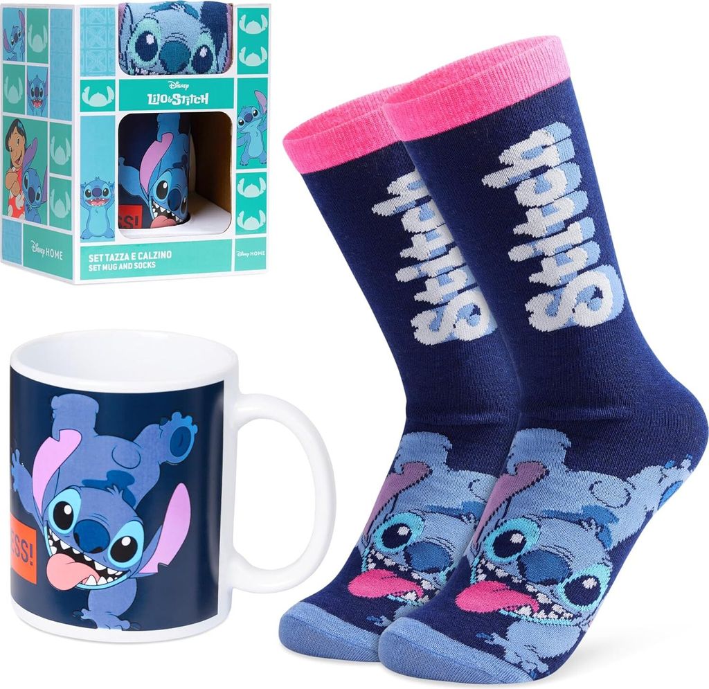 Disney Stitch Tasse und Socken Geschenk Set - Geschenke für Fans (Marine)