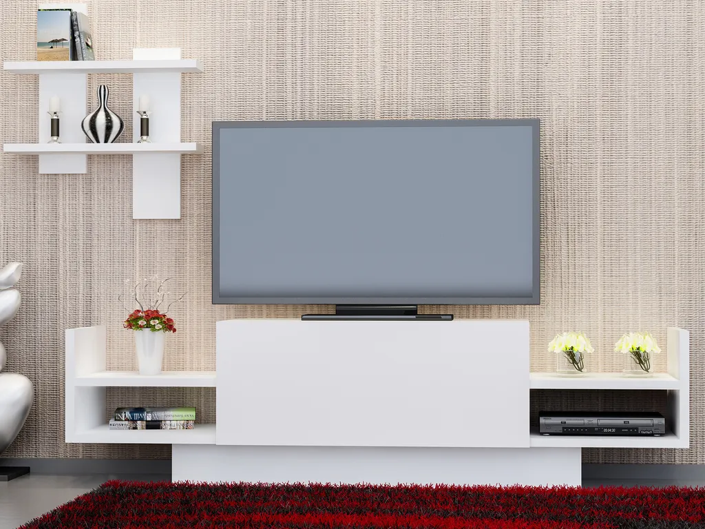 Meuble TV 120 cm blanc Bahar en mélamine haute qualité, design compact
