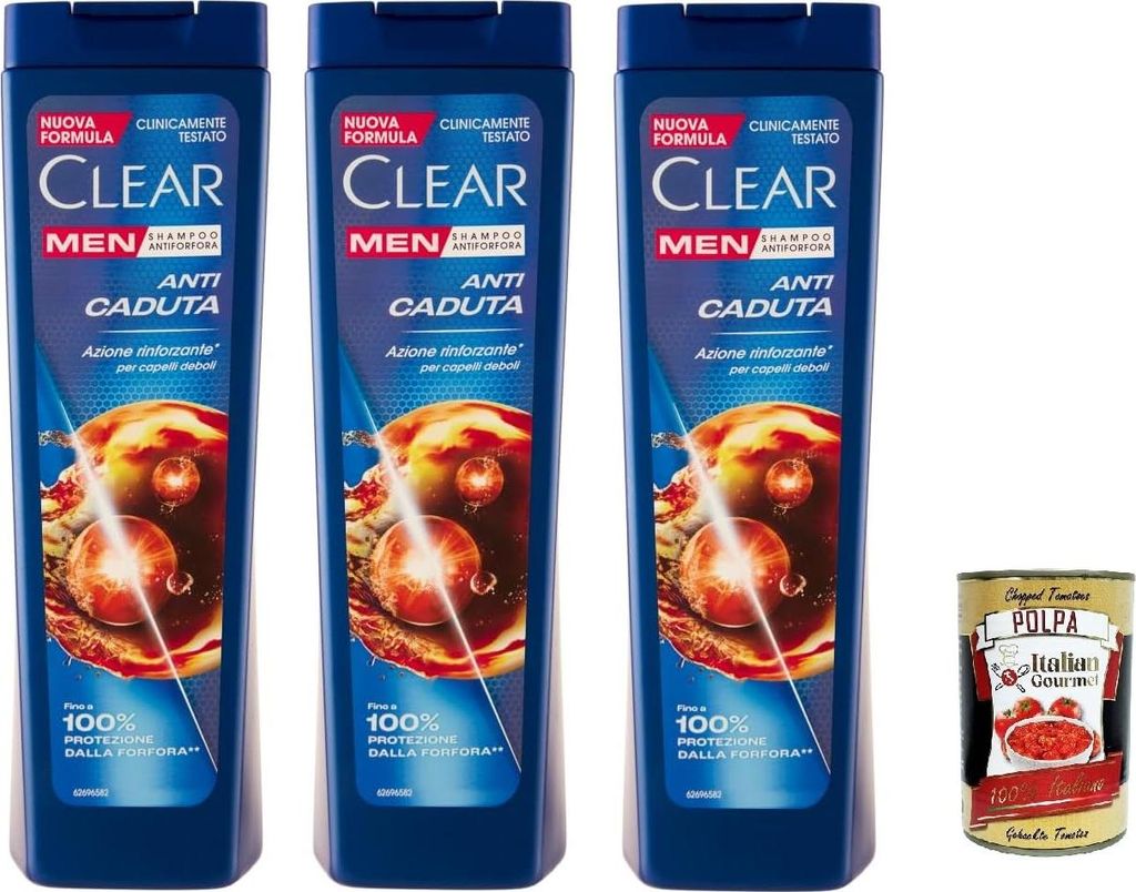 Clear ANTI CADUTA Men Shampoo für schwaches Haar - Shampoo Gegen Haarausfall 3x 225ml + Italian Gourmet polpa 400g