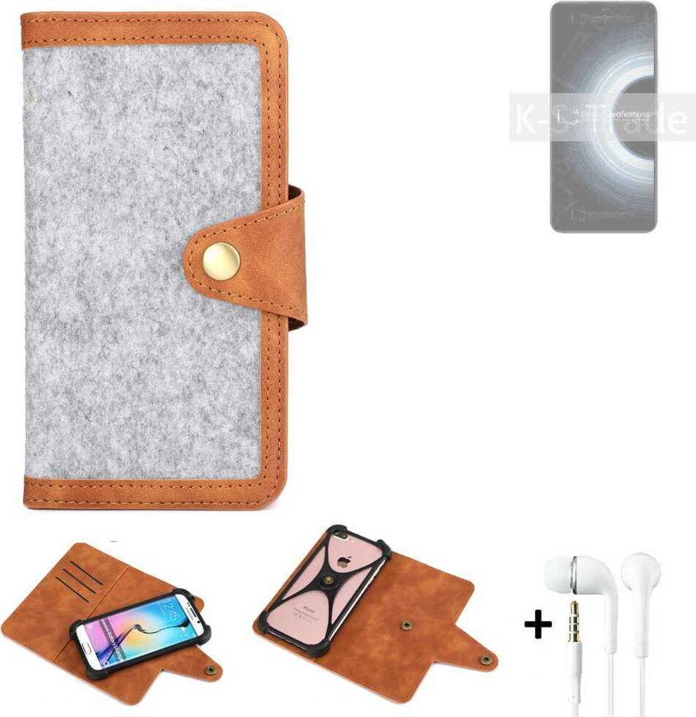 K-S-Trade Handyhülle + Kopfhörer kompatibel mit Xiaomi Redmi K50 Ultra Schutzhülle Filz Hülle Kunstleder hellgrau braun (1x)