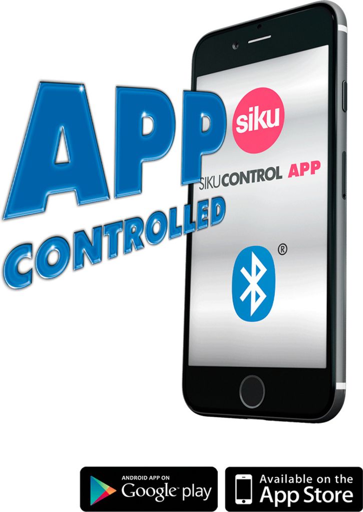 Marketing image showing a smartphone displaying an app interface with a Bluetooth symbol, alongside text indicating 'APP CONTROLLED' and the SIKU logo.
