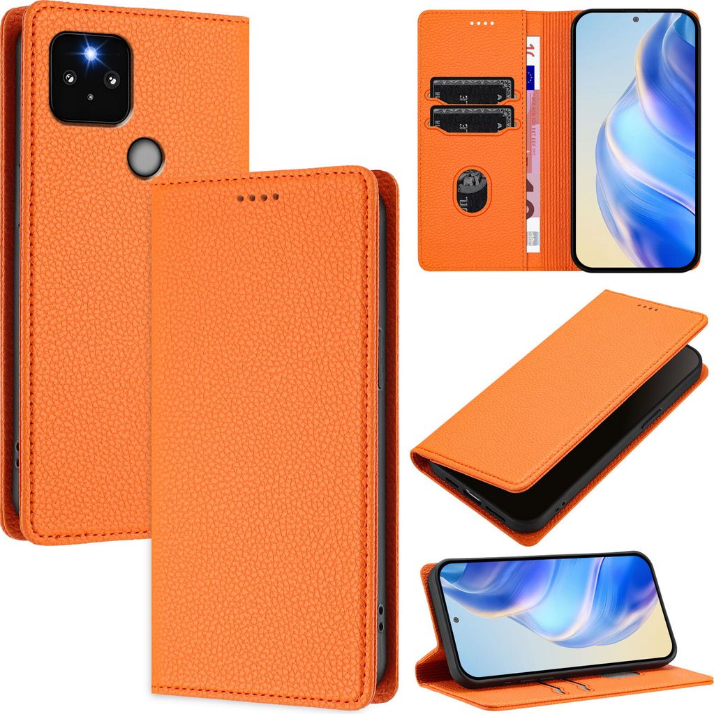 Litchi Leder Handyhülle für Google Pixel 5 Wallet Kartenfächer Standfunktion Hülle Orange