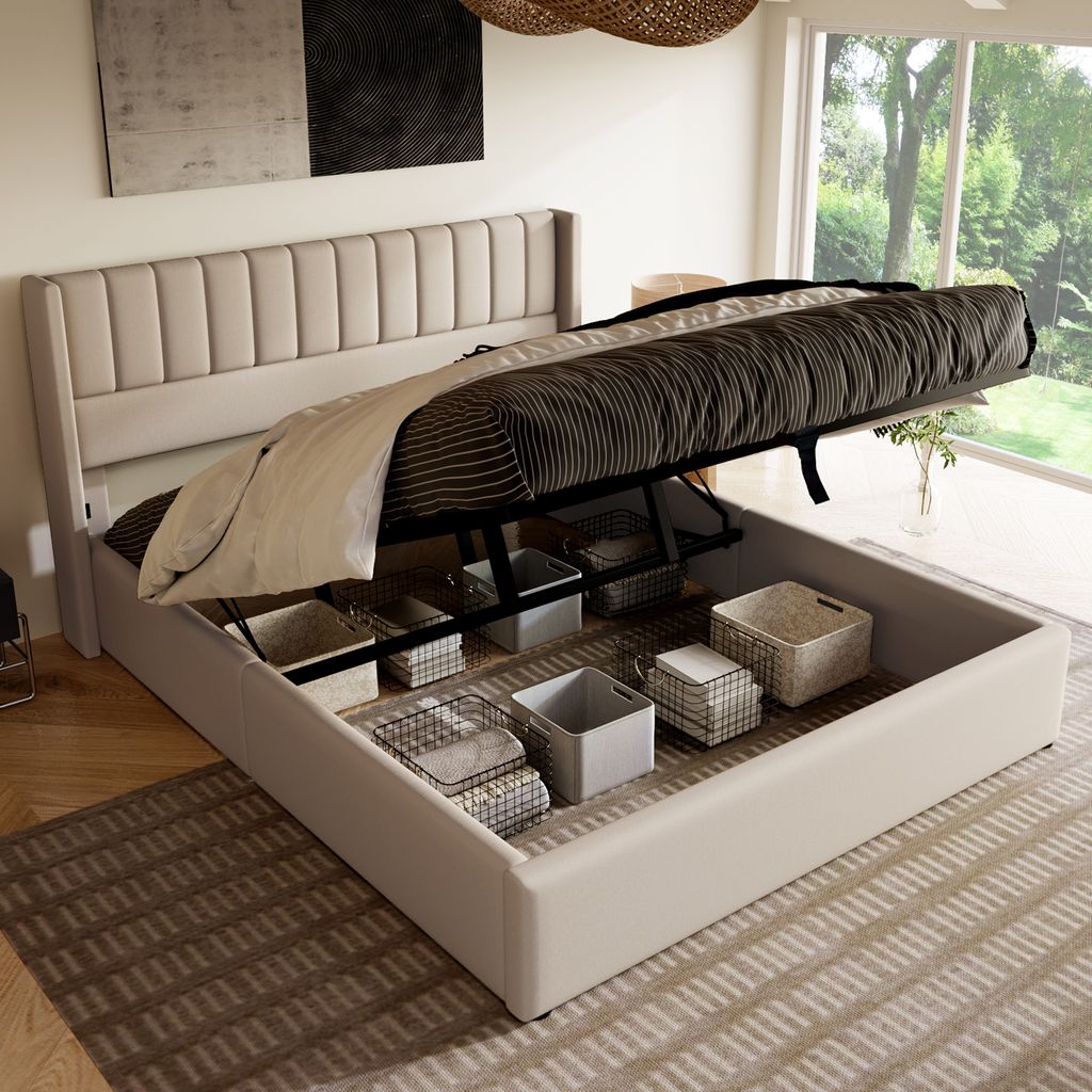 okwish Polsterbett 160x200cm Hydraulisch Doppelbett , Stauraumbett Lattenrost aus Holz, Bett mit Lattenrost aus Metallrahmen, Leinen, Beige(Ohne Ma...