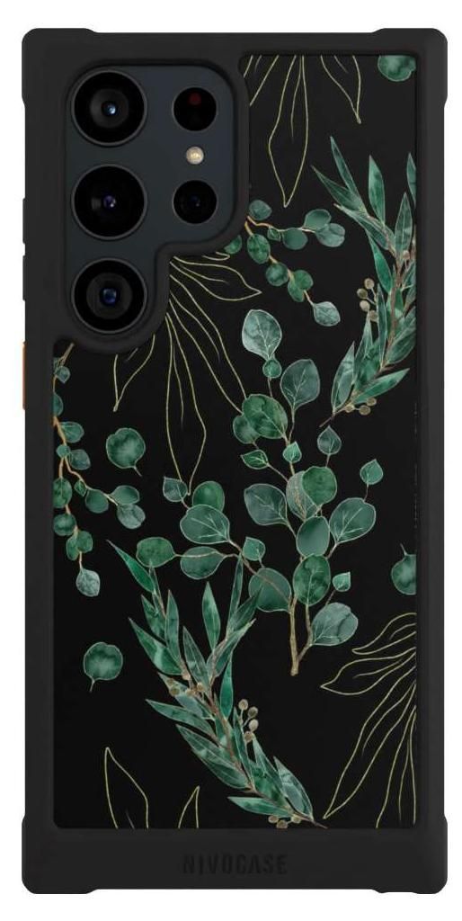 NIVOCASE Hülle für Samsung Galaxy S23 Ultra Stoßfeste Handyhülle NIVOmax Case Schwarz Blätter Natur Eukalyptus