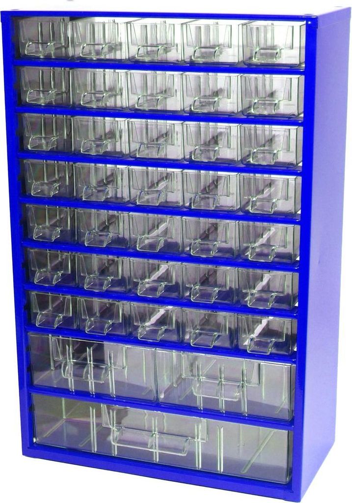 A blue metal cabinet filled with clear plastic drawers, designed for storing small parts.