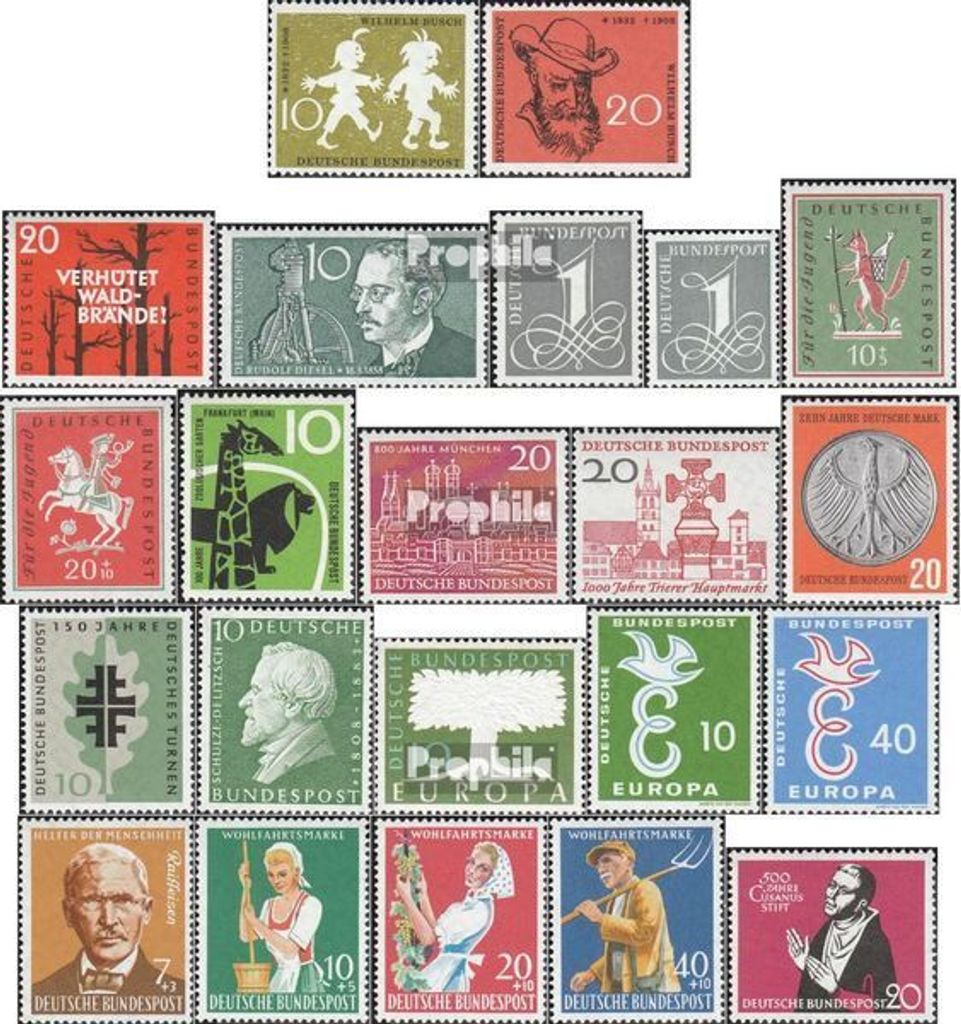 Briefmarken BRD (BR.Deutschland) 1958 Mi 281-301 (kompl.Ausg.) Jahrgang 1958 komplett postfrisch 50.Todestag von Busch