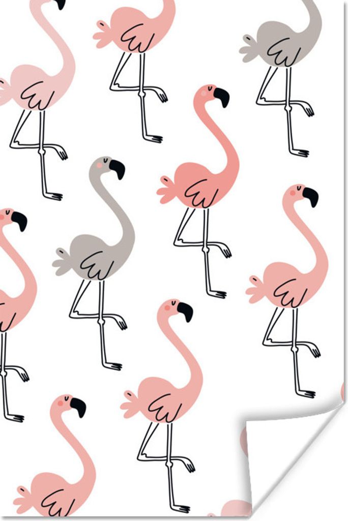 MuchoWow Poster Flamingos - Rosa - Grau - Illustration - Kinder 80x120 cm - Papierdruck