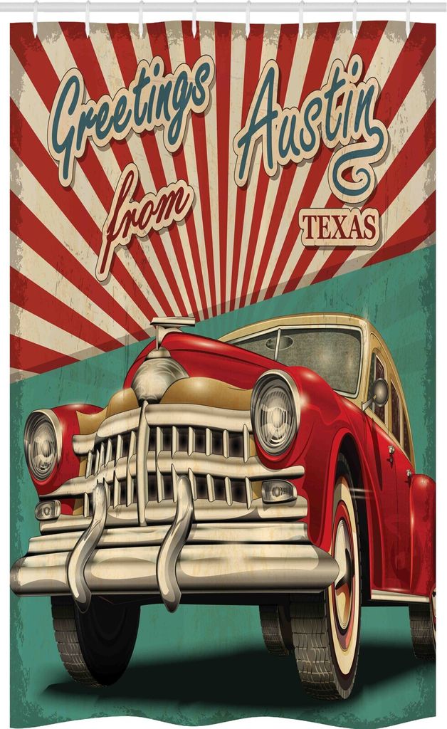 ABAKUHAUS Austin Schmaler Duschvorhang, Retro amerikanische Klassik Auto, Badezimmer Deko Set aus Stoff mit Haken, 120 x 180 cm, Mehrfarbig