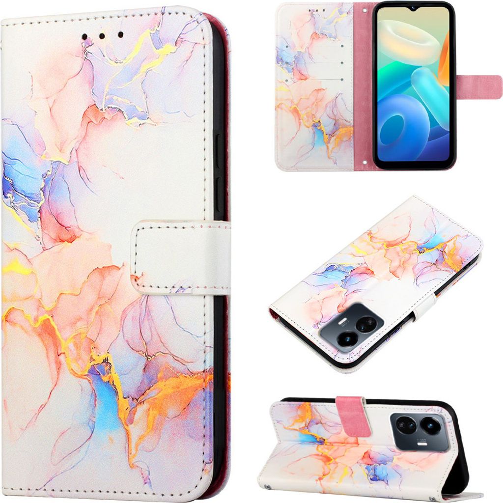 VIVO Y77 5G Hülle, Marmor Motiv Kunstleder Tasche Wallet Kartenfächer mit Standfunktion Klapp Schutzhülle für VIVO Y77 5G Bunt