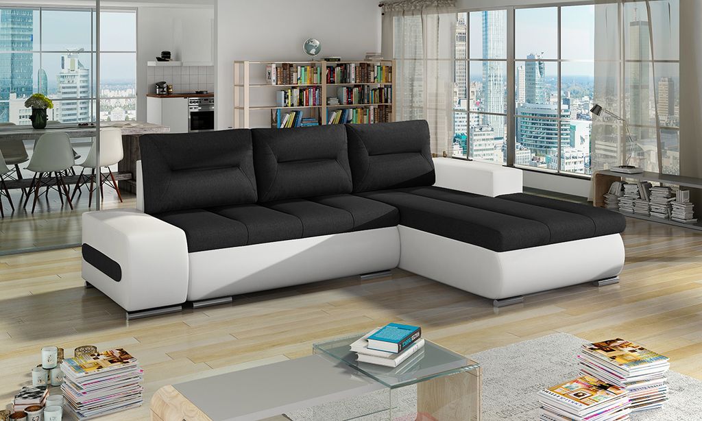 NABBI Ecksofa mit Zersetzung u Lagerraum Otelo P - schwarz (Sawana 14)/ weiß (weich 17)