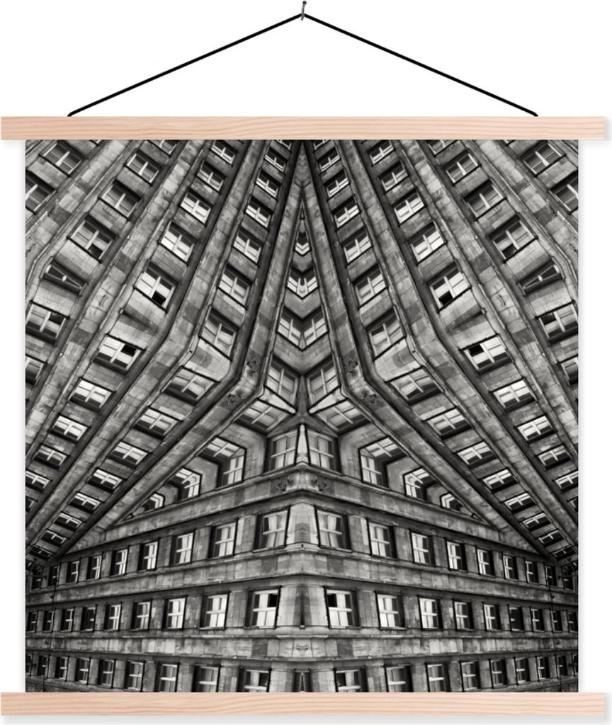 MuchoWow Textilposter Kunst - Schwarz - Weiß - Psychedelisch 120x120 cm mit holzfarbenen Rahmen - Textil-Poster