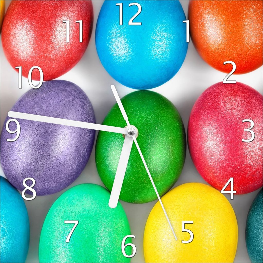 Wallario Design Wanduhr Bunte Oster-Eier in Nahaufnahme mit kräftigen Farben aus Echtglas, Größe 20 x 20 cm