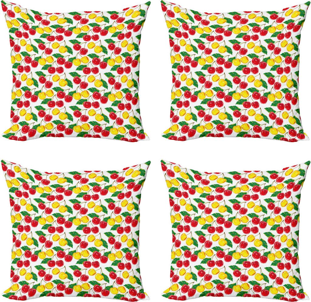ABAKUHAUS Obst Kissenbezug Set (4 Stück), Grafik Farbige Kirschen, Moderner Doppelseitiger Digitaldruck, 40 cm x 40 cm, Rot, Gelb, Grün