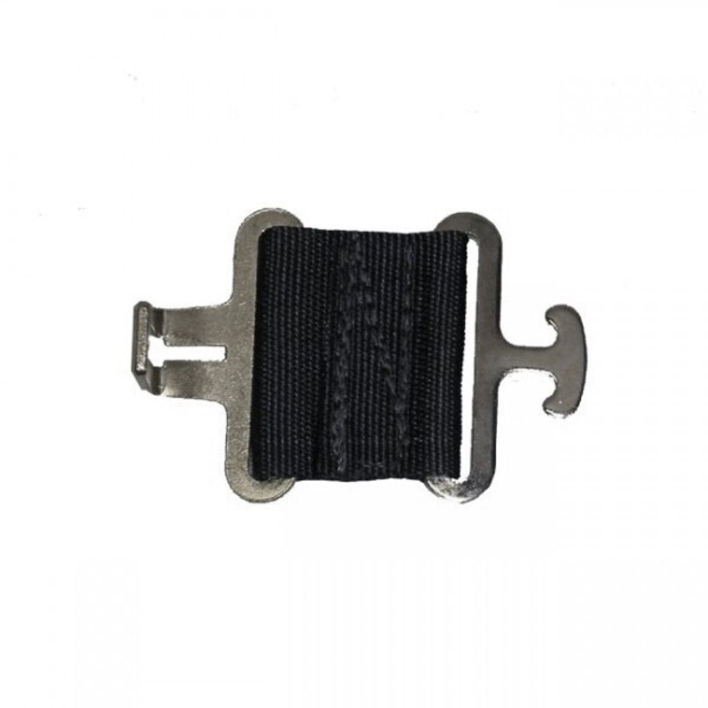 A black strap extender with a T-hook attachment, shown against a white background.