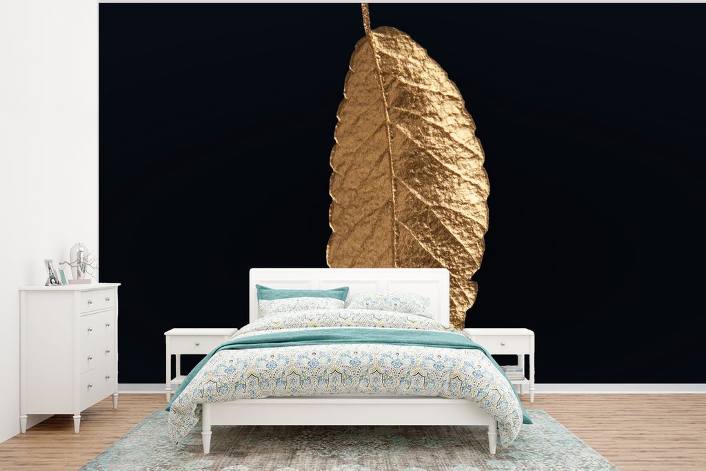 MuchoWow Fototapete für Wohnzimmer oder Schlafzimmer Wandtapete Vinyl Motivtapete Blätter - Schwarz - Gold - Luxus - Natur - 295x220 cm - Wand ...