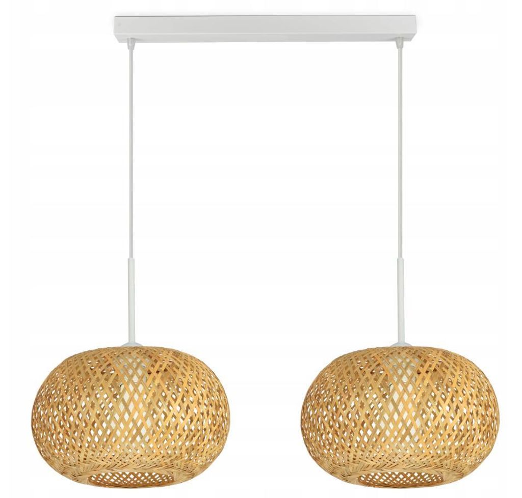 A product shot of a double pendant light fixture with bamboo shades.
