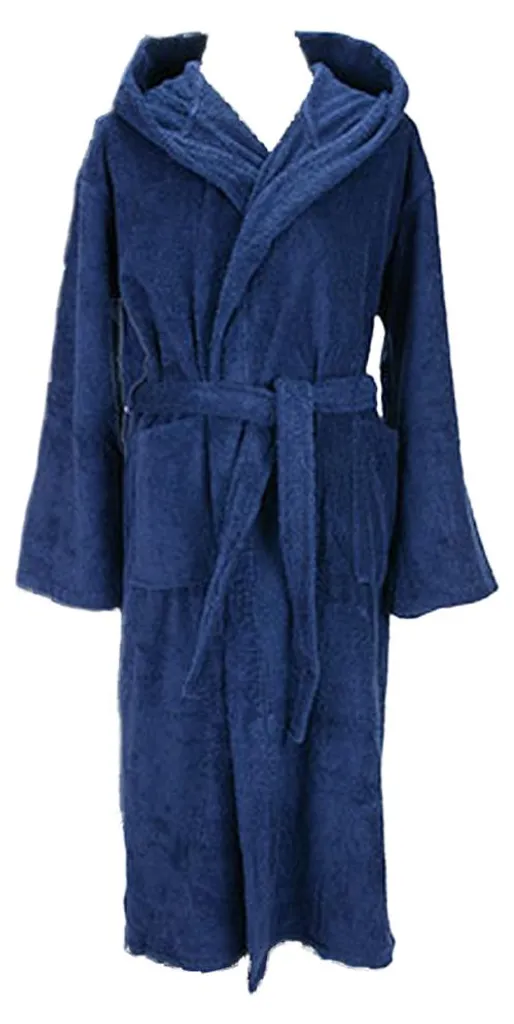 Robe de chambre pour femme en coton éponge bleu foncé avec capuche XXL