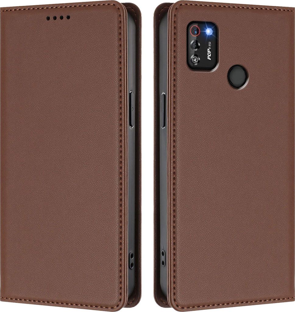 Handyhülle für Tecno Pop 4 Pro, Kunstleder Klapphülle Stoßfeste Magnetische Hülle mit Ständer Braun