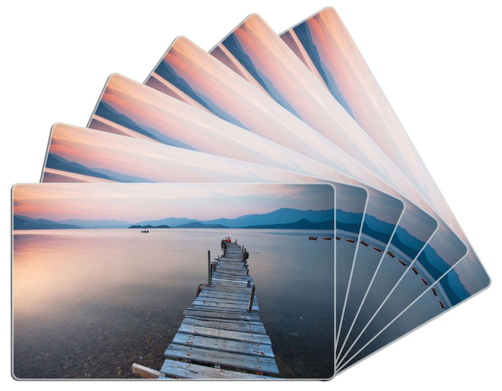 Wallario Frühstücksbrettchen 6er Set aus Glas, je 14 x 23 cm, mit rutschfesten Füßen, Motiv Steg am See- Idylle bei Sonnenuntergang