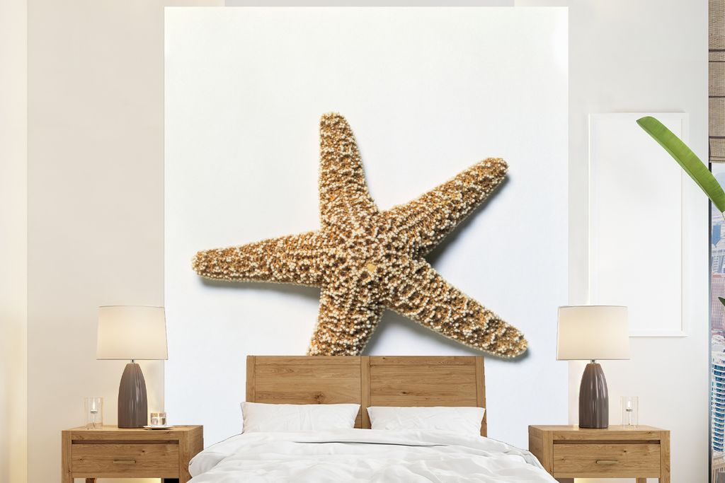 MuchoWow Fototapete für Wohnzimmer oder Schlafzimmer Wandtapete Vinyl Motivtapete Seestern - Braun - Weiß - 195x240 cm - Gemusterte