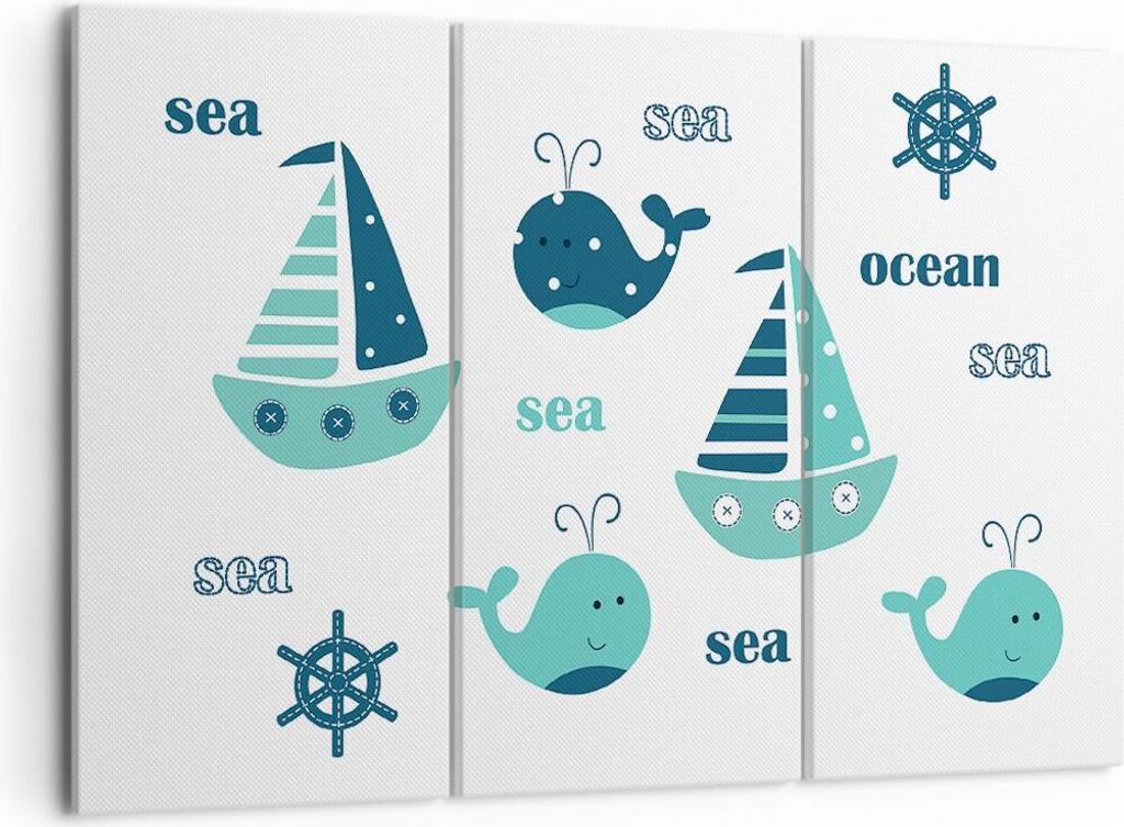 Bild auf Leinwand - Leinwandbild - Wale Schiffe Kinder Seesterne - 105x70cm - Wand Bild - Wanddeko - Leinwanddruck - Bilder - Kunstdruck - Wanddeko...