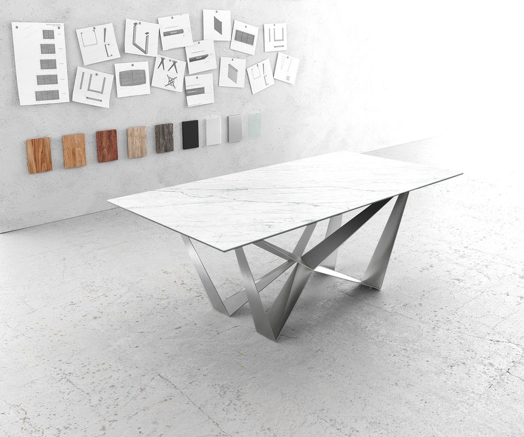 DELIFE Esstisch Edge 200x100cm Keramik Laminam Statuarietto Weiß Spider Flachstahl Edelstahl