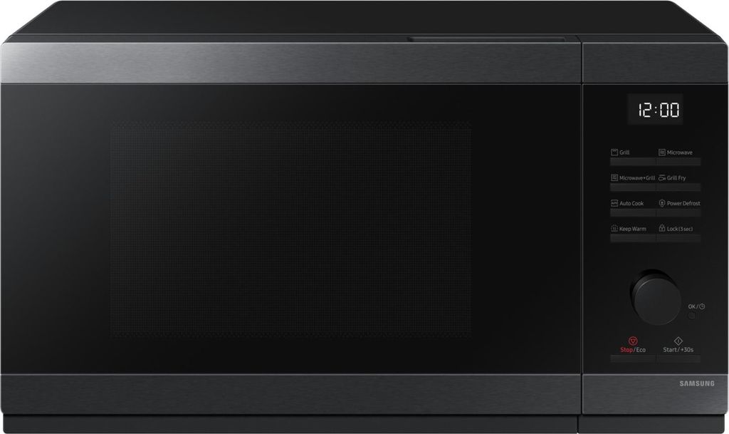 A front view of a black Samsung microwave oven.