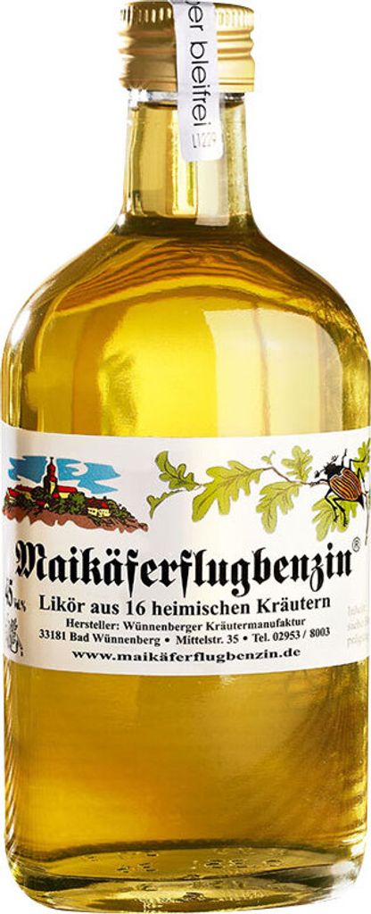 A bottle of Maikäferflugbenzin liqueur.