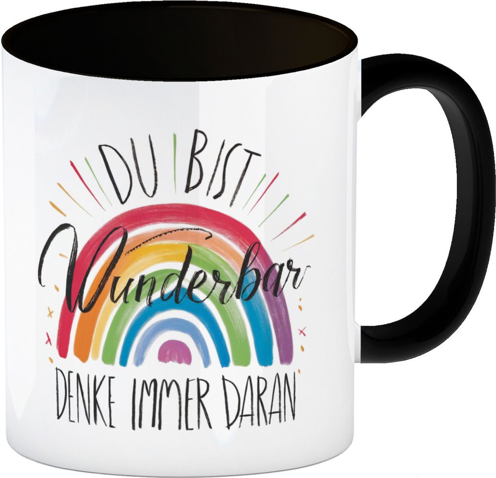Regenbogen Kaffeebecher in schwarz - Du bist wunderbar