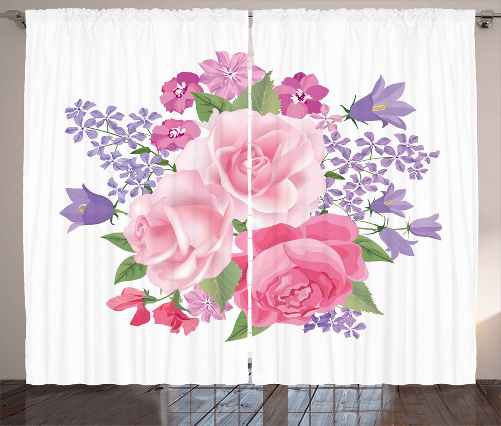 ABAKUHAUS Pink und Weiß Rustikaler Gardine, Brautstrauß, Schlafzimmer Kräuselband Vorhang mit Schlaufen und Haken, 280 x 225 cm, Lavendel Grün ...
