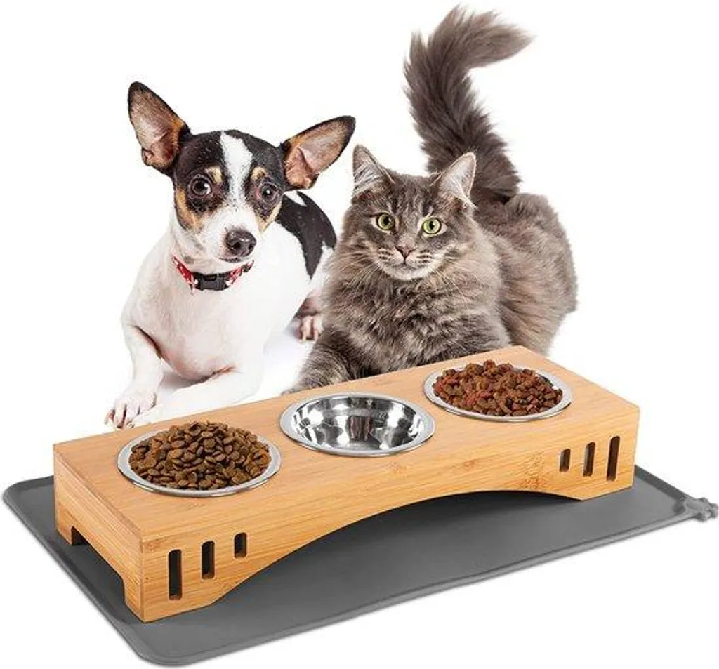 Support de gamelles en bambou avec 3 bols inox amovibles pour animaux